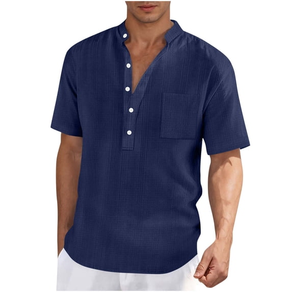 Men's Short Sleeve Band Collar Henley Shirts Wrinkle Free T-Shirts Summer Beach Wedding Tropical Resort Tops Casual Pullover Tees with Chest Pocket