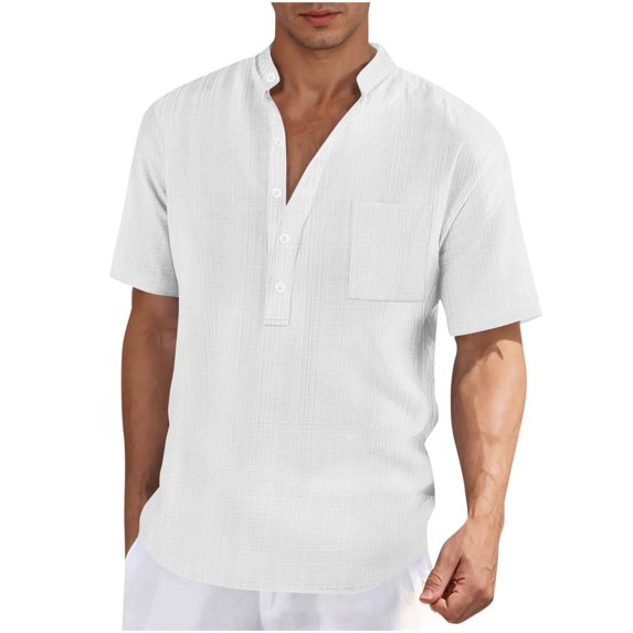 Men's Short Sleeve Band Collar Henley Shirts Wrinkle Free T-Shirts Summer Beach Wedding Tropical Resort Tops Casual Pullover Tees with Chest Pocket