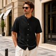 thumbnail image 1 of Men’s Short Sleeve Band Collar Shirt, Lyocell Viscose Linen Blend Button Down Casual Summer Shirt, Relaxed Fit Lightweight Top, 1 of 6