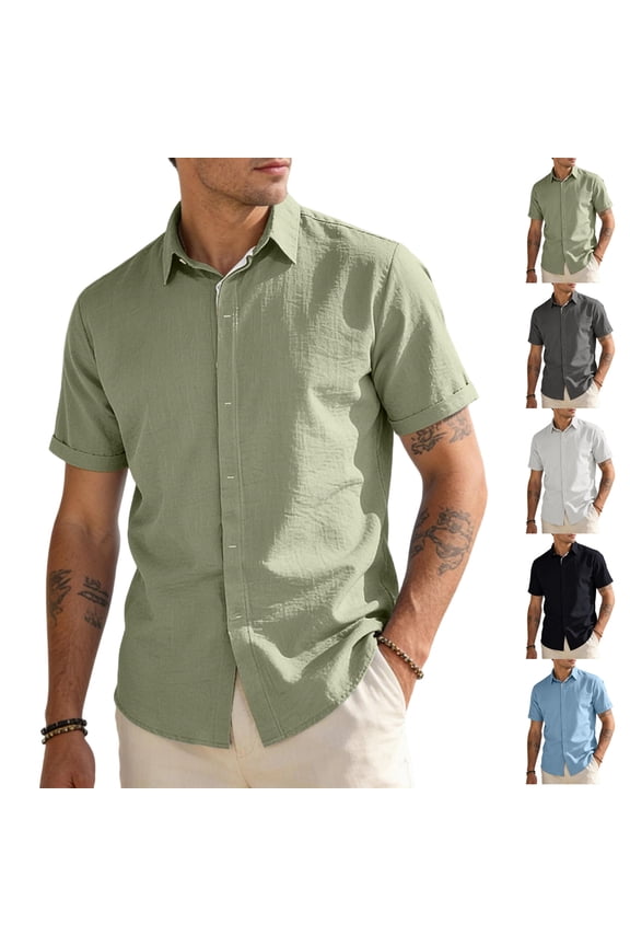 Men's Short Sleeve Button Down Linen Beach Shirt Casual Lightweight Untucked Cotton Linen Summer Tops,Light Green XL