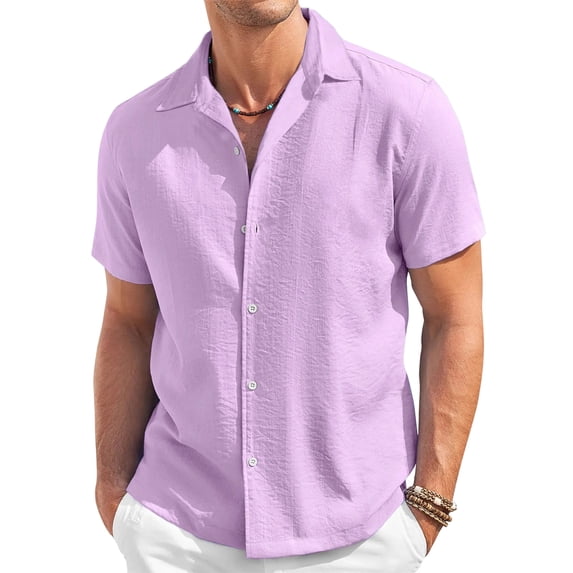 Men's Short Sleeve Button Down Shirt Fashion Casual Collar Solid Color Lightweight Breathable Summer Top with Pocket Daily Work Beach Purple L