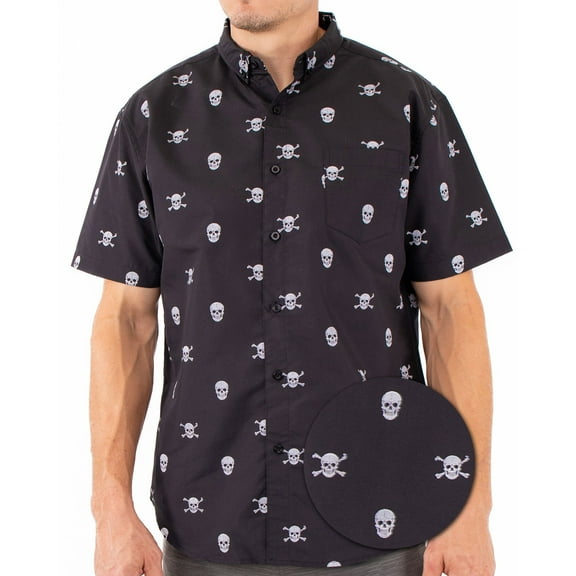 Men’s Short Sleeve Button Down Shirt – Skull Skeleton Print – Black Casual Novelty Gift for Him