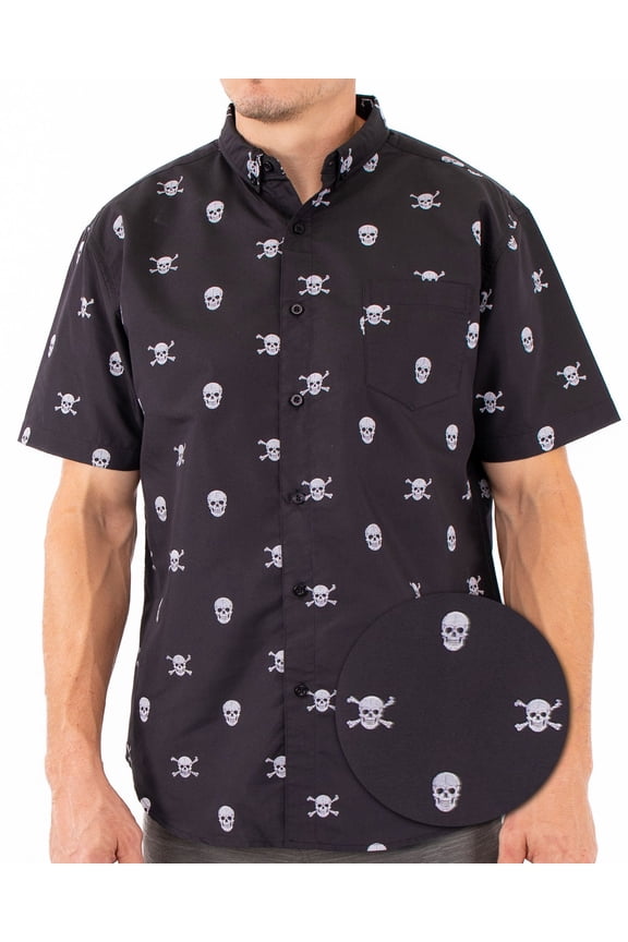 Men’s Short Sleeve Button Down Shirt – Skull Skeleton Print – Black Casual Novelty Gift for Him