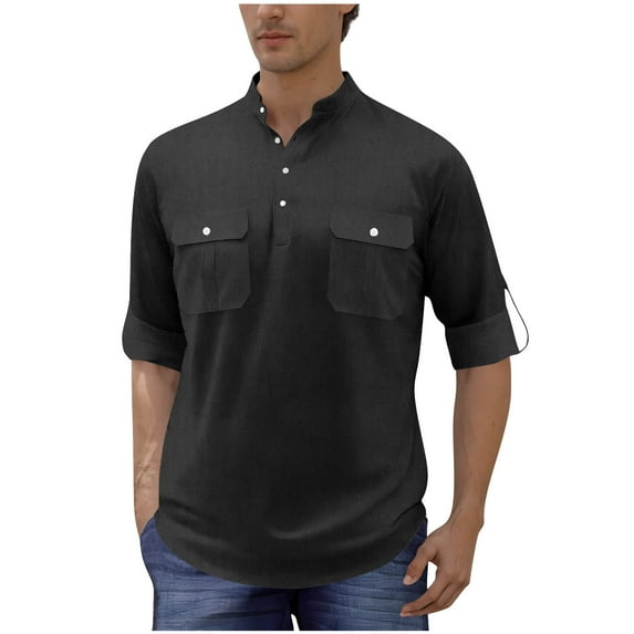 Men's Short Sleeve Button-Down Shirt – Solid Color Casual Cotton-Linen Blend with 2 Chest Pockets, Summer Trendy Pullover for Beach & Streetwear (Relaxed Fit)