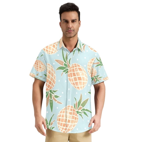 Men's Short Sleeve Button Down Shirt, Wrinkle Free Casual Summer Beach Vacation Tops, Aqua Pineapple, S-3XL