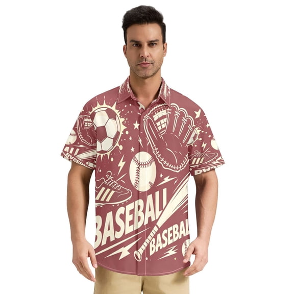 Men's Short Sleeve Button Down Shirt, Wrinkle Free Casual Summer Beach Vacation Tops, Baseball Print Design2, S-3XL