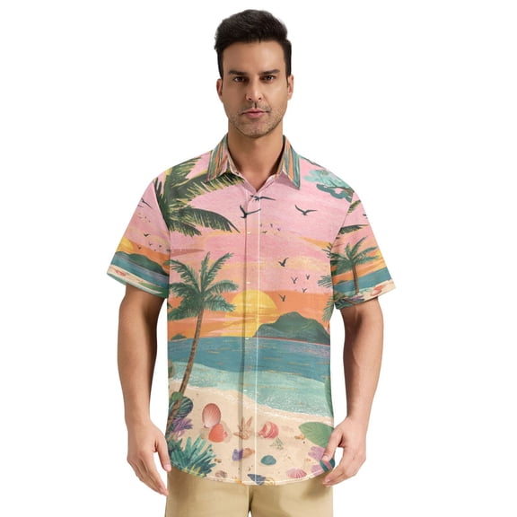 Men's Short Sleeve Button Down Shirt, Wrinkle Free Casual Summer Beach Vacation Tops, Sunset Patterns on The Island, S-3XL