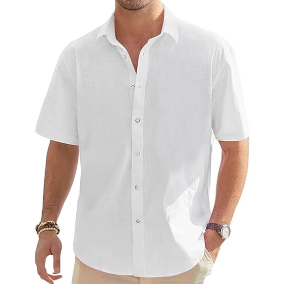 Men's Short Sleeve Button-Down Shirt with Turndown Collar, Solid Color Casual Top