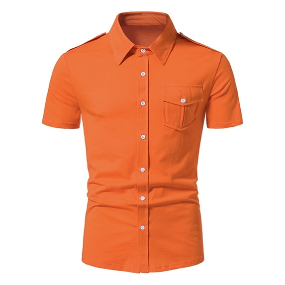 Men's Short Sleeve Button Down Shirts Casual Blending Beach Shirt with Chest Pocket Classic Fit Summer Tops Orange L