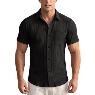 Men's Short Sleeve Button Down Shirt, Vertical Textured Stripe Casual Summer Beach Shirt, Lightweight Breathable Fashion Top with Front Pocket Black L