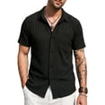thumbnail image 1 of Men's Short Sleeve Button Down Shirt, Vertical Textured Stripe Casual Summer Beach Shirt, Lightweight Breathable Fashion Top with Front Pocket Black M, 1 of 8