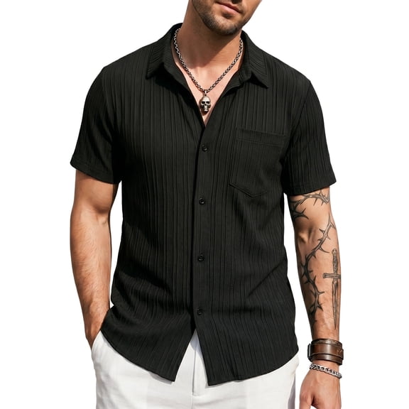 Men's Short Sleeve Button Down Shirt, Vertical Textured Stripe Casual Summer Beach Shirt, Lightweight Breathable Fashion Top with Front Pocket Black M