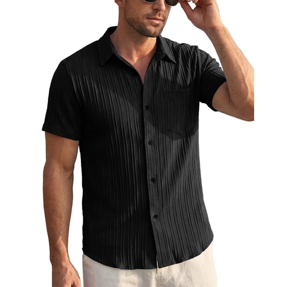 Men's Short Sleeve Button Down Shirt, Vertical Textured Stripe Casual Summer Beach Shirt, Lightweight Breathable Fashion Top with Front Pocket Black XL