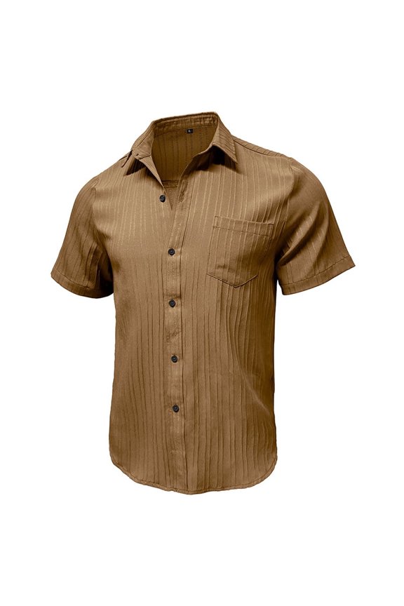 Men's Short Sleeve Button Down Shirt, Vertical Textured Stripe Casual Summer Beach Shirt, Lightweight Breathable Fashion Top with Front Pocket Khaki 2XL