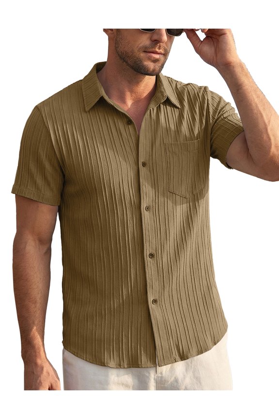 Men's Short Sleeve Button Down Shirt, Vertical Textured Stripe Casual Summer Beach Shirt, Lightweight Breathable Fashion Top with Front Pocket Khaki XL
