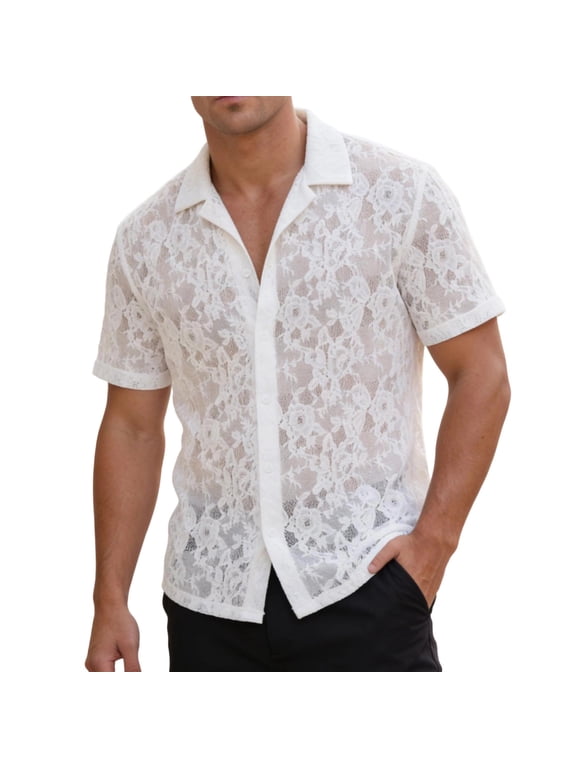 Men's Short Sleeve Button Down Shirts Floral Lace Shirt See Through Mesh Camp Collar Hollow Out Sheer Beach Hippie Tops Summer Vacation Party Fashion Clubwear