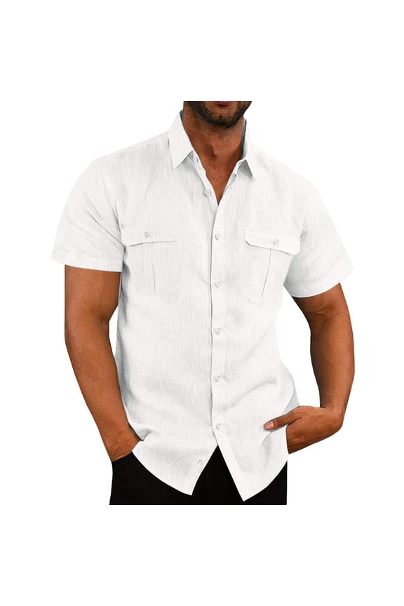 Men's Short Sleeve Button Up Linen Shirts Big and Tall Lightweight Summer Casual Pocket Solid Color Beach Shirts,Plus Size Men Linen Shirts,M-5XL