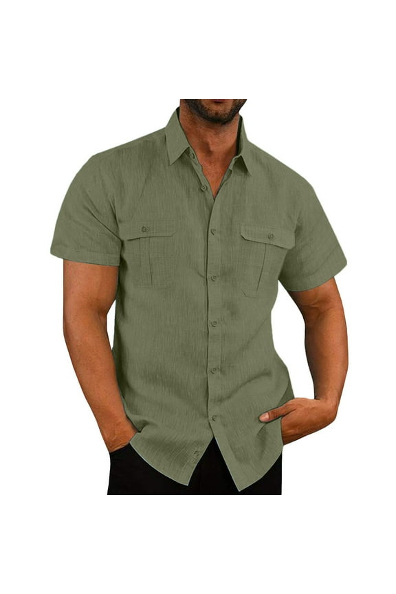 Men's Short Sleeve Button Up Linen Shirts Big and Tall Lightweight Summer Casual Pocket Solid Color Beach Shirts,Plus Size Men Linen Shirts,M-5XL