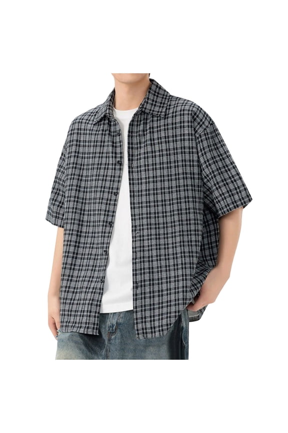 Men's Short Sleeve Button Up Plaid Shirts Loose Collared Cuban Beach Shirt Casual Vintage Checkered Summer T-Shirts