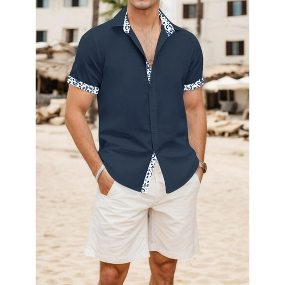 Men's Short - Sleeve Button - Up Shirt: Contrast Trim, Lightweight Polyester for Beach & Casual Outings