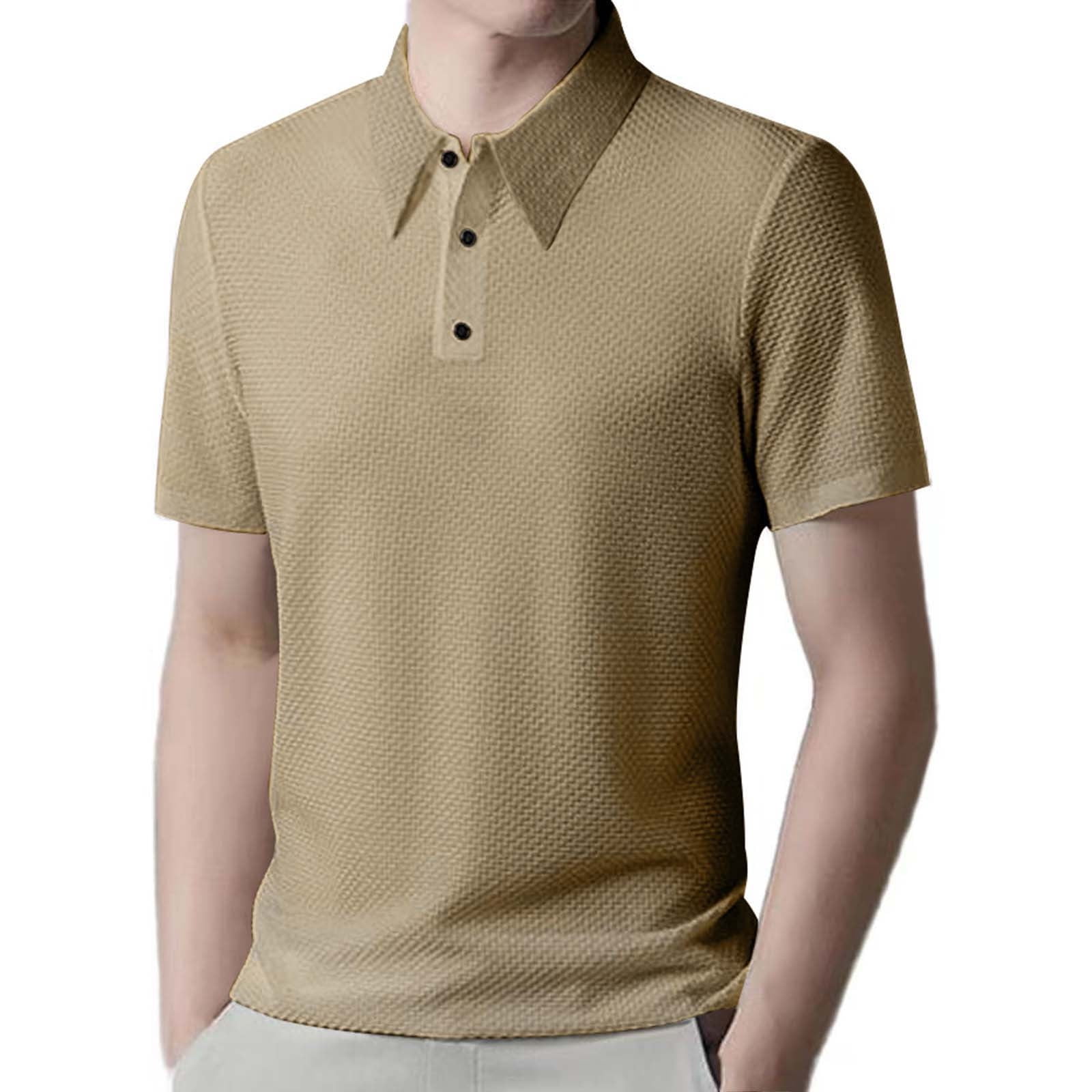 Large Turn Button Men's Short Sleeve Button-Up Shirt, Turn-Down Collar, Solid Color for ...