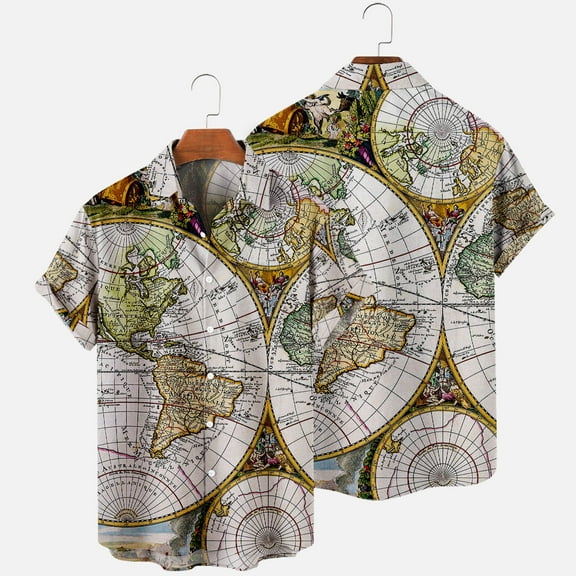 Men's Short Sleeve Buttton Down Tshirt World Map Print Hawaiian Shirts Casual Summer Vacation T Shirt Lapel Aloha Shirt with Pocket