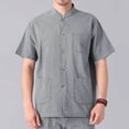 thumbnail image 1 of Men's Short Sleeve Camp Shirt, Casual Linen Blend Button Down with Multiple Pockets, Relaxed Fit Stand Collar for Outdoor and Daily Wear, 1 of 7
