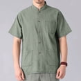 thumbnail image 1 of Men's Short Sleeve Camp Shirt, Casual Linen Blend Button Down with Multiple Pockets, Relaxed Fit Stand Collar for Outdoor and Daily Wear, 1 of 7
