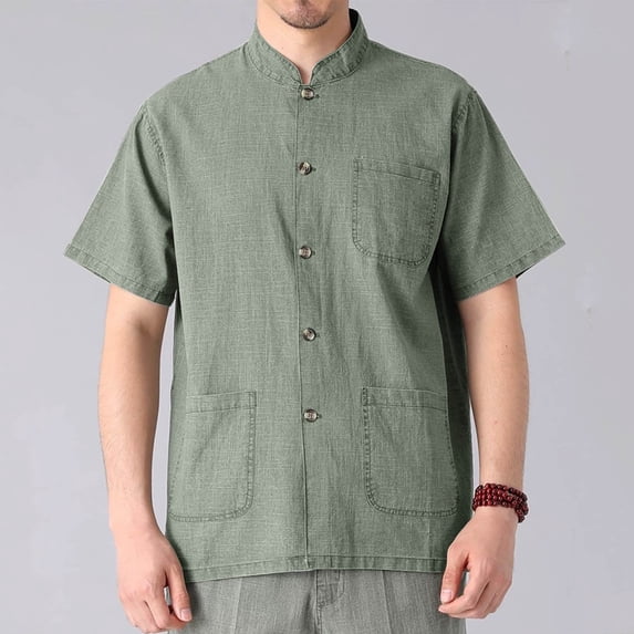 Men's Short Sleeve Camp Shirt, Casual Linen Blend Button Down with Multiple Pockets, Relaxed Fit Stand Collar for Outdoor and Daily Wear