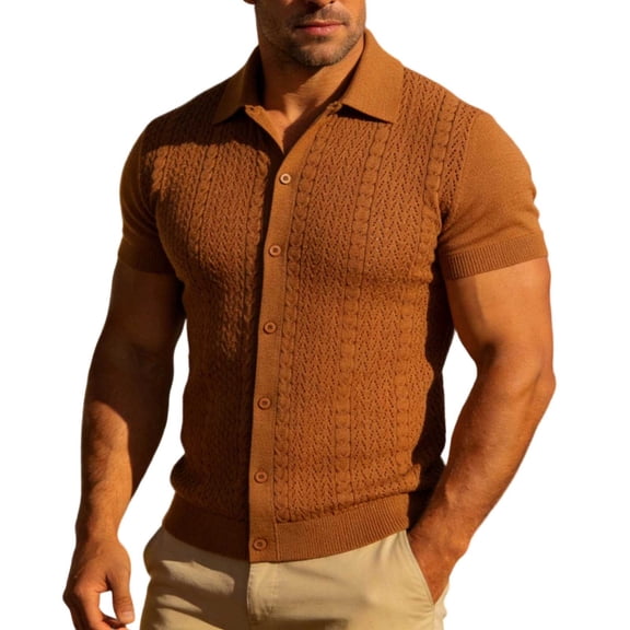 Men's Short Sleeve Cardigan Shirts Old Money Crochet Knit Button Down Retro Hollow Out Casual Collared Vintage Textured Top Summer Beach Vacation Resort Fashion Shirt