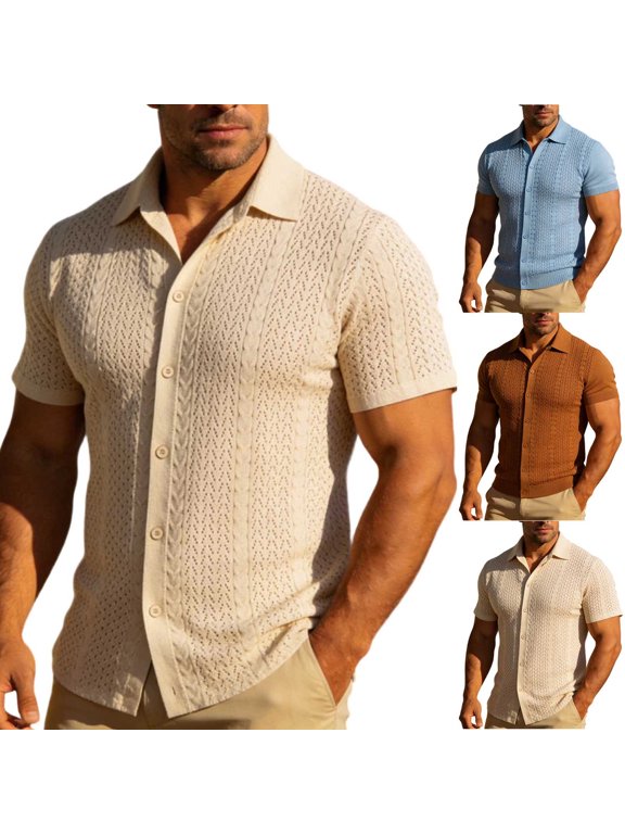 Men's Short Sleeve Cardigan Shirts Old Money Crochet Knit Button Down Retro Hollow Out Casual Collared Vintage Textured Top Summer Beach Vacation Resort Fashion Shirt