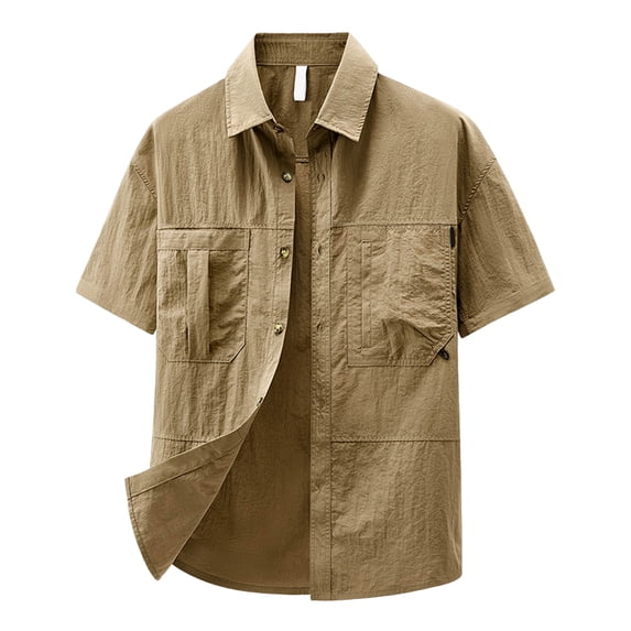 Men's Short Sleeve Casual Shirt Nylon Workwear Button Down with Multiple Pockets Loose Fit Comfortable for Daily Wear Spring Summer Fall Mens Summer Lightweight Pullover Tee Shirts