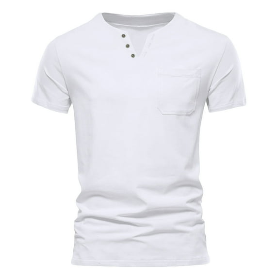 Men's Short Sleeve Casual Shirts Henley Neck Buttons T-Shirts Slim Fit V Neck Tops Front Pockets Stretch Relaxed Tees White,XL