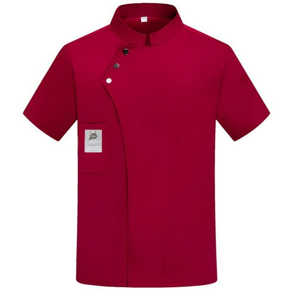 Men’s Short Sleeve Chef Jacket with Asymmetric Snap Closure, Breathable Cotton Blend, Professional Kitchen Uniform, Red