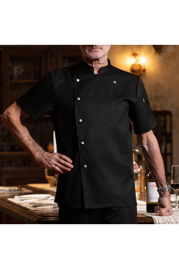 Men's Short Sleeve Chef Shirt, Breathable Polyester Work Blouse with Button Front and Stand Collar for Casual Wear