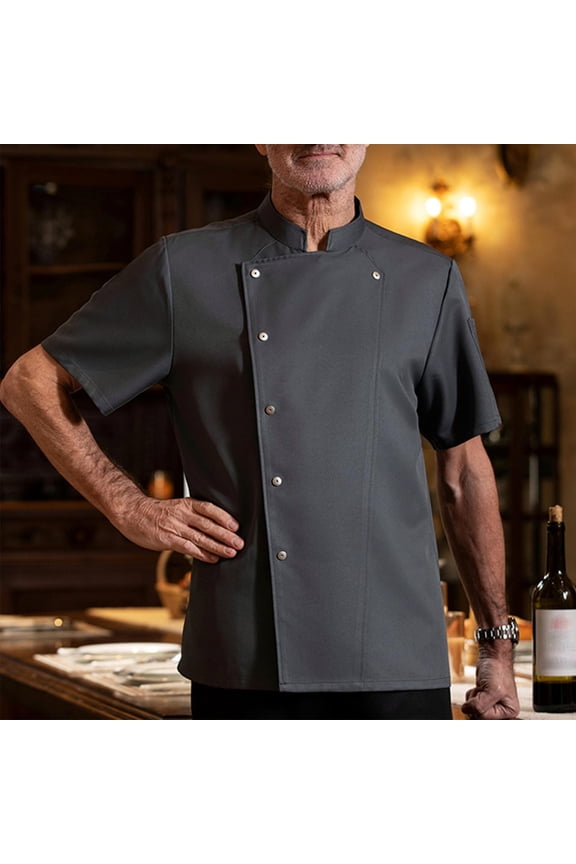 Men's Short Sleeve Chef Shirt, Breathable Polyester Work Blouse with Button Front and Stand Collar for Casual Wear