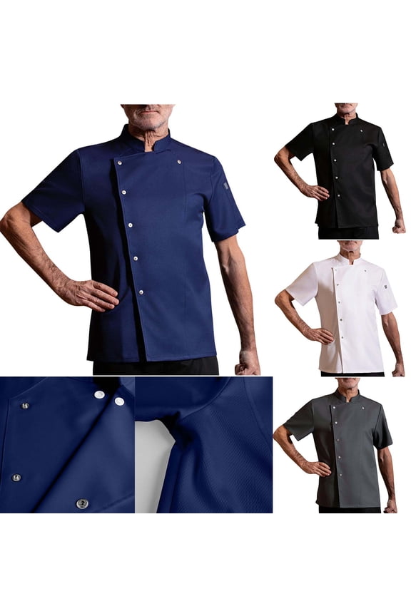 Men's Short Sleeve Chef Work Shirt Breathable Cotton Stand Collar Button Up Chef Coat Uniform for Kitchen Cooking | TOPLIU,Gray M