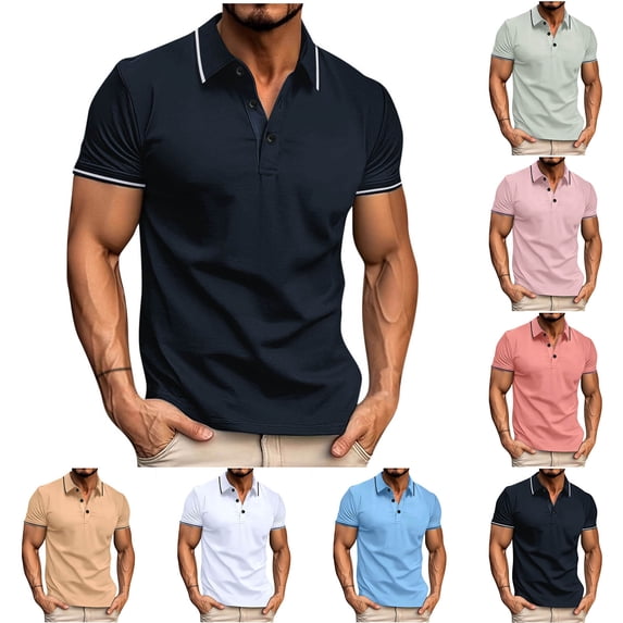 Men's Short Sleeve Collared Shirts Pique Color Block 3 Button Business Casual Top Slim Fit Lightweight Work Shirt Quick Dry Muscle Fit Breathable Apparel