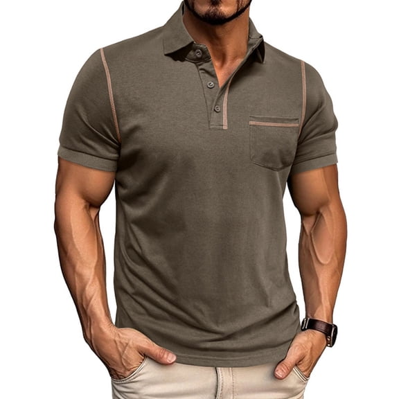 Men's Short Sleeve Color Block Polo Shirt, Lapel T-Shirt Style Top, Modern Two-Tone Design, Comfortable Fit, Breathable Material, Casual Versatile Wear,Army Green,M