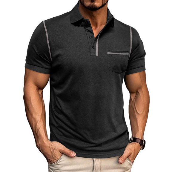 Men's Short Sleeve Color Block Polo Shirt, Lapel T-Shirt Style Top, Modern Two-Tone Design, Comfortable Fit, Breathable Material, Casual Versatile Wear,Black,M
