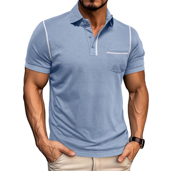 Men's Short Sleeve Color Block Polo Shirt, Lapel T-Shirt Style Top, Modern Two-Tone Design, Comfortable Fit, Breathable Material, Casual Versatile Wear,Light Blue,M