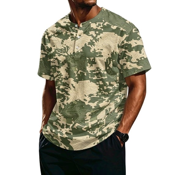 Men's Short Sleeve Control Hunting Camouflage T-Shirt with Henley Neck