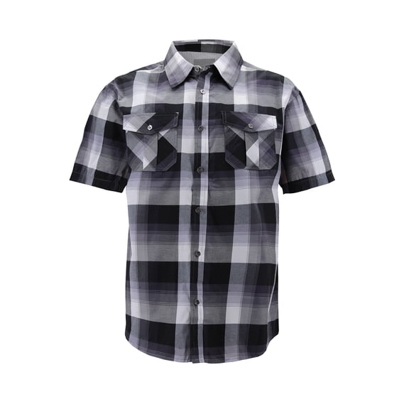 Men’s Short Sleeve Cowboy Button Down Casual Plaid Pattern Western Dress Shirt (8AS185-BlackGrey, XL)