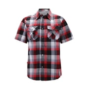 Men s Short Sleeve Cowboy Button Down Casual Plaid Pattern Western Dress Shirt 8AS185-BlackRed, XL