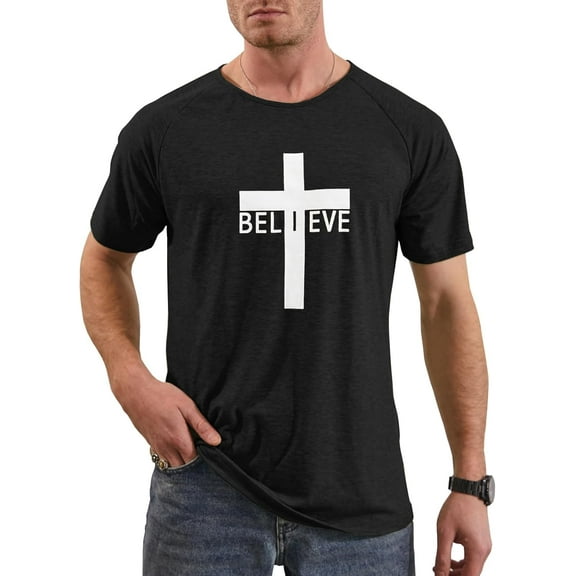 Men's Short Sleeve Crewneck Graphic Tee Believe Cross Print Christian Shirts Workout Shirts