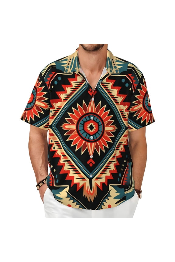 Men's Short Sleeve Cuban Shirt Beach Button Down Summer Tops , Aztec Baja Western Native Southwest