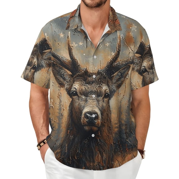 Men's Short Sleeve Cuban Shirt Beach Button Down Summer Tops, Star Deer Hunting Camouflage Vintage