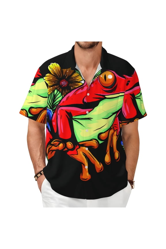 Men's Short Sleeve Cuban Shirt Beach Button Down Summer Tops, Watercolor Red Frog With Flower