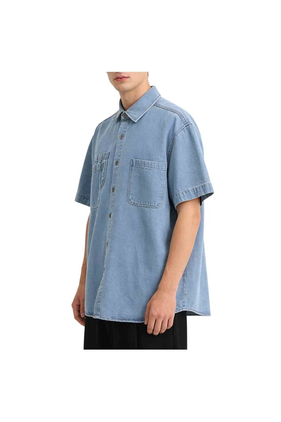 Men's Short Sleeve Denim Shirt Casual Button Down Work Shirts Retro Lightweight Chambray Jacket with Pockets