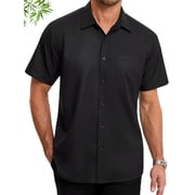 HISDERN Mens Black Dress Shirt Breathable Short Sleeve Button Down Shirt Bamboo Viscose Classic Fit